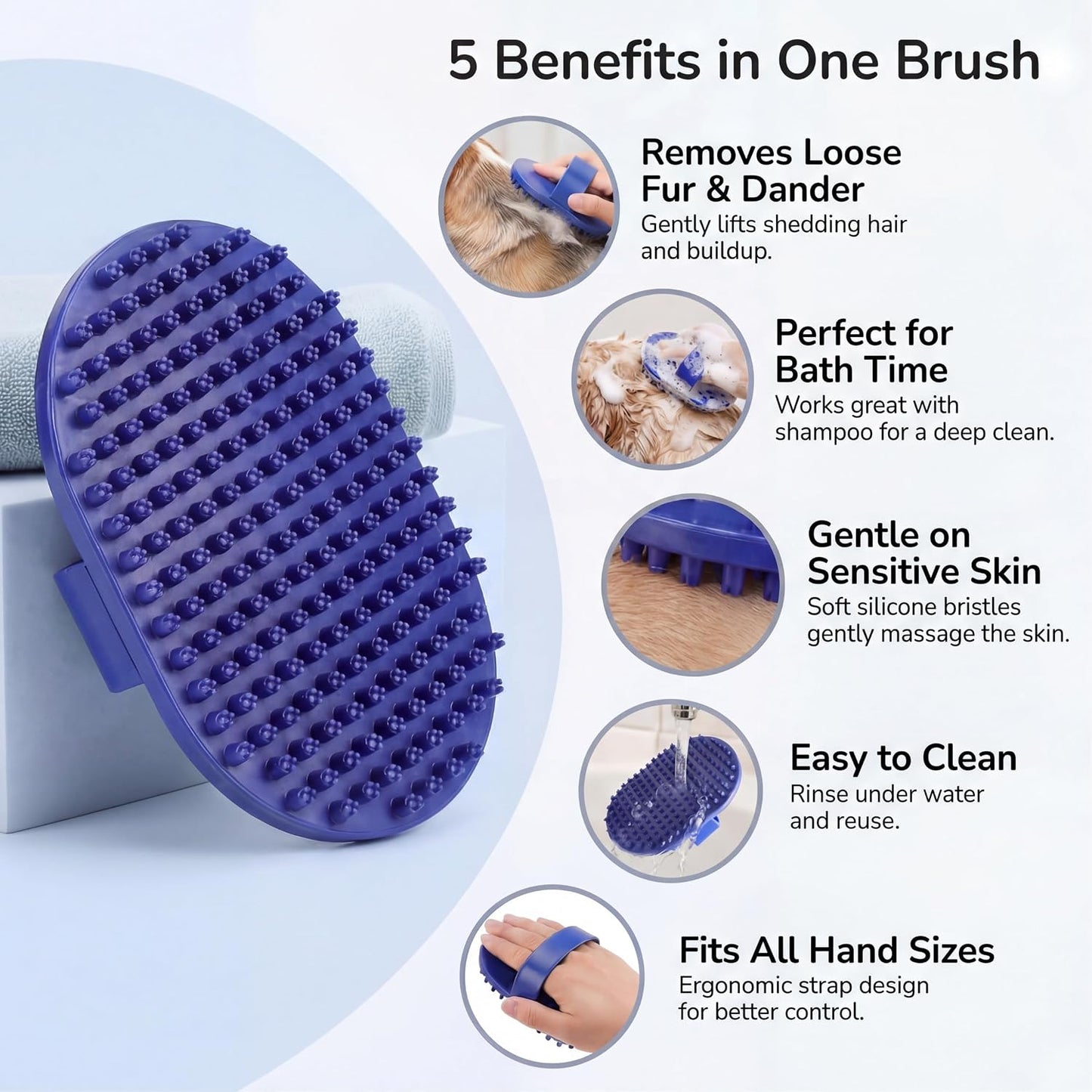 Blue rubber dog bath brush with built-in hand loop handle for non-slip grip during washing.