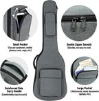 MUZNOTE soft guitar case showing large front pocket holding sheet music and cables.
