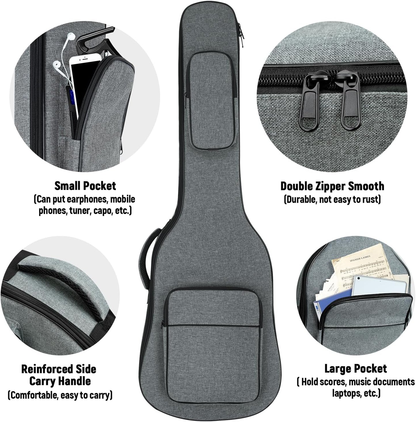 MUZNOTE soft guitar case showing large front pocket holding sheet music and cables.