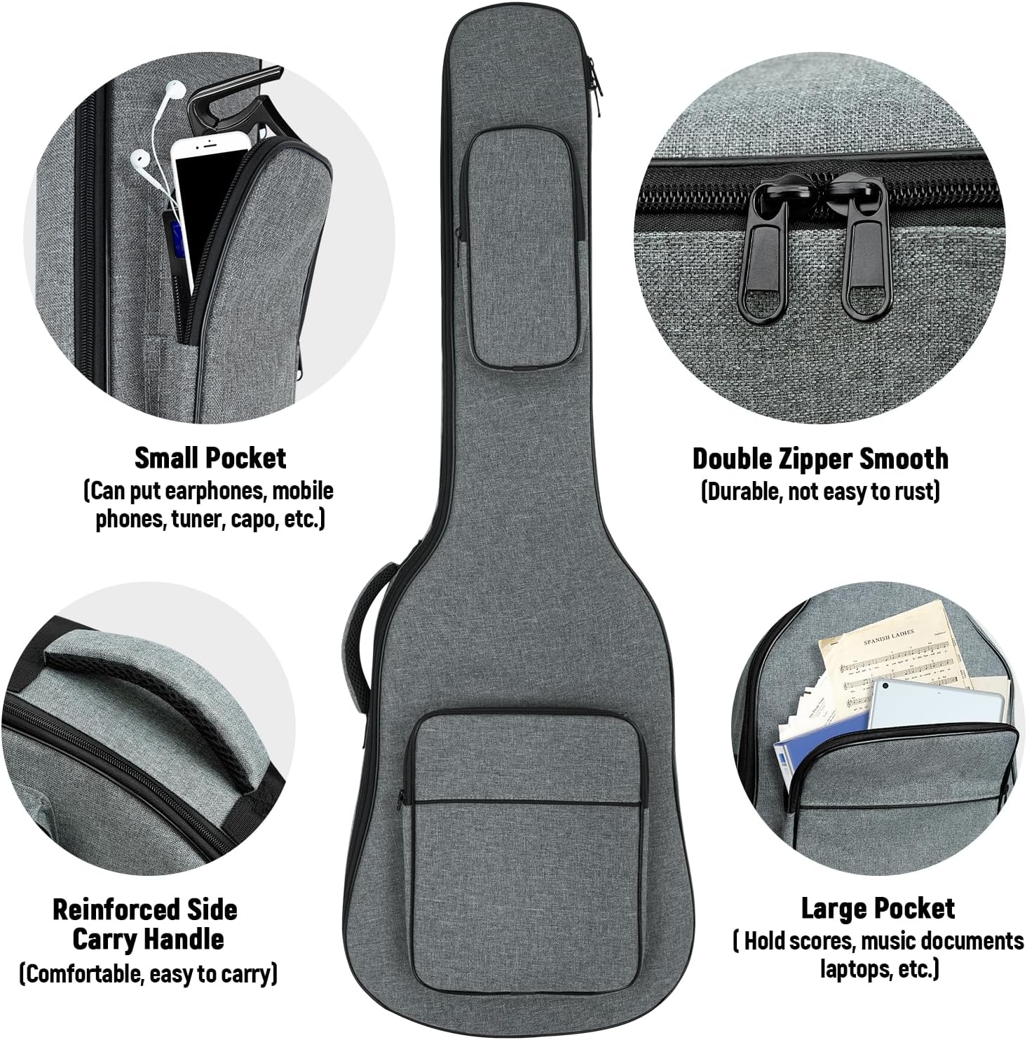 MUZNOTE soft guitar case showing large front pocket holding sheet music and cables.