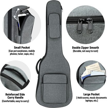 MUZNOTE soft guitar case showing large front pocket holding sheet music and cables.
