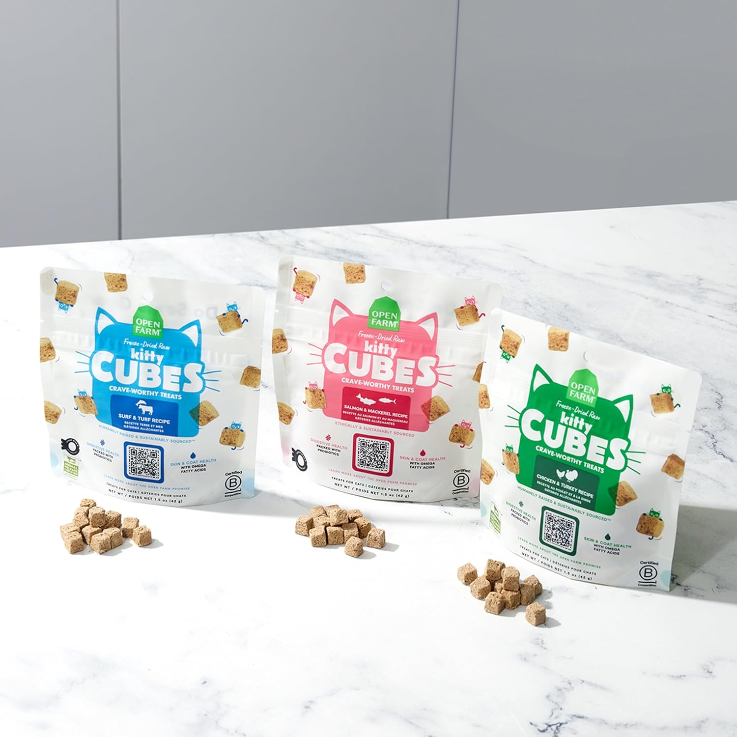 Open Farm chicken and turkey cat treat cubes used as a meal topper