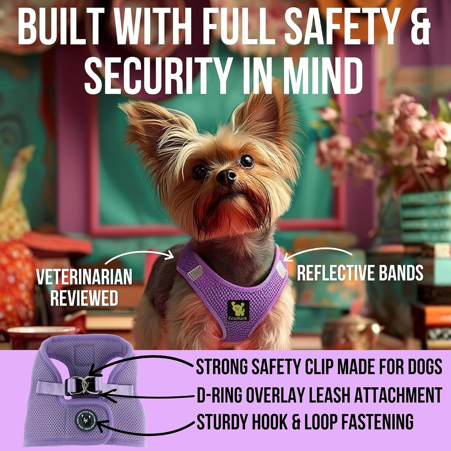 EcoBark dog harness reflective trim detail