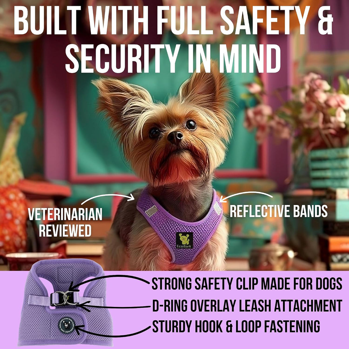 EcoBark dog harness reflective trim detail