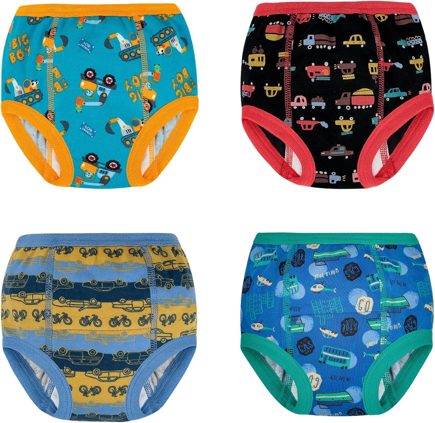 MooMoo Baby potty training underwear front view showing the comfortable elastic waistband and vibrant vehicle prints.