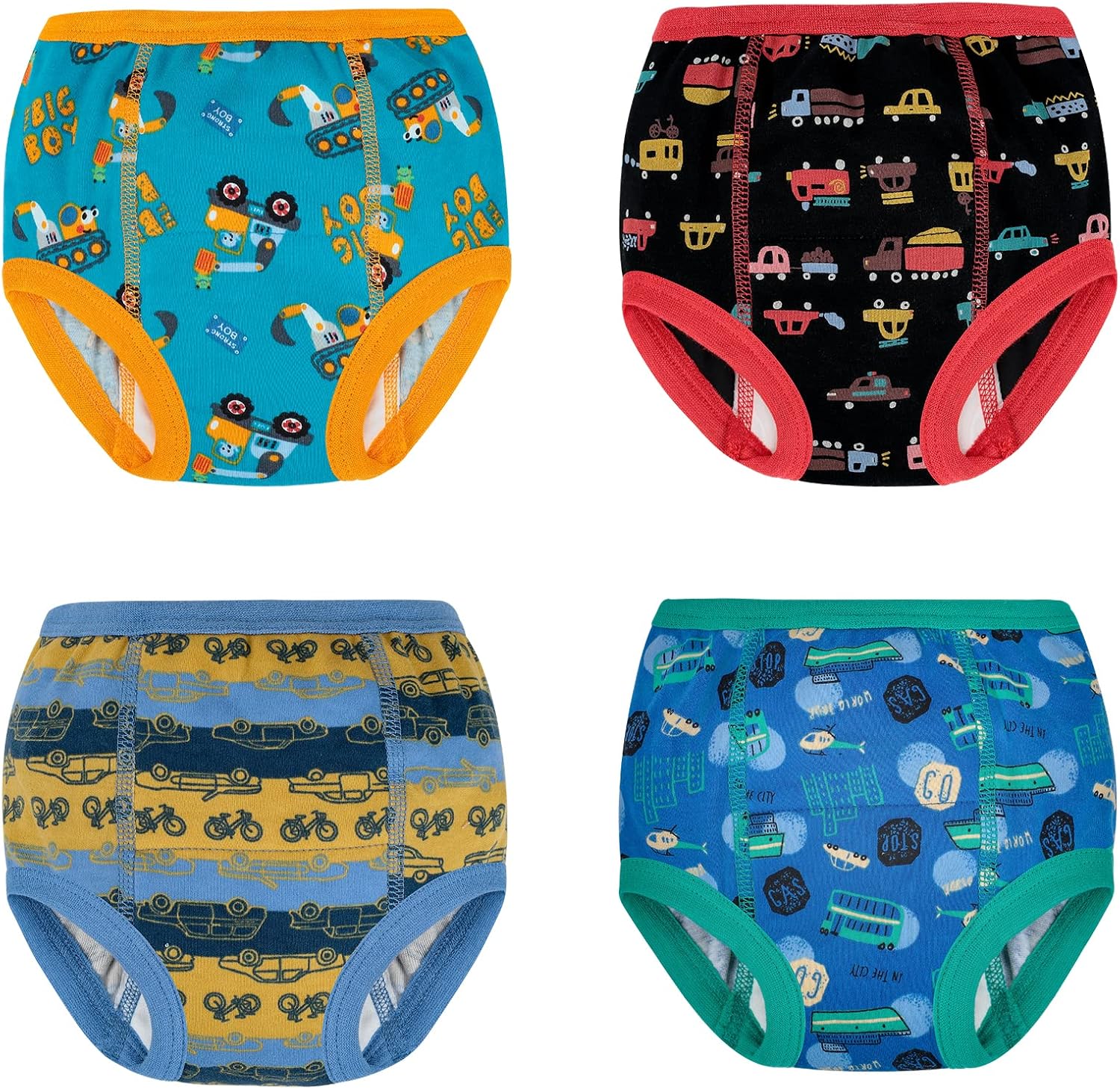MooMoo Baby potty training underwear front view showing the comfortable elastic waistband and vibrant vehicle prints.