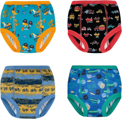 MooMoo Baby potty training underwear front view showing the comfortable elastic waistband and vibrant vehicle prints.