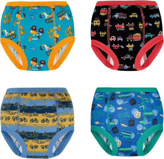 MooMoo Baby potty training underwear front view showing the comfortable elastic waistband and vibrant vehicle prints.