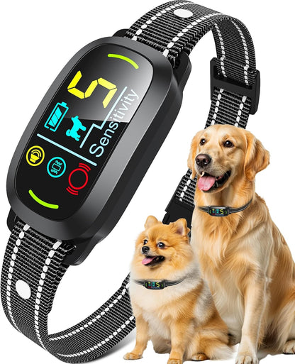 Oliry Smart AI Bark Collar front view showing LED display