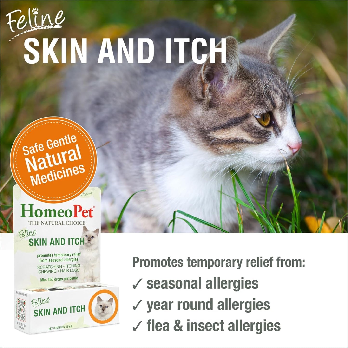 HomeoPet natural cat itchy skin relief supplement bottle packaging