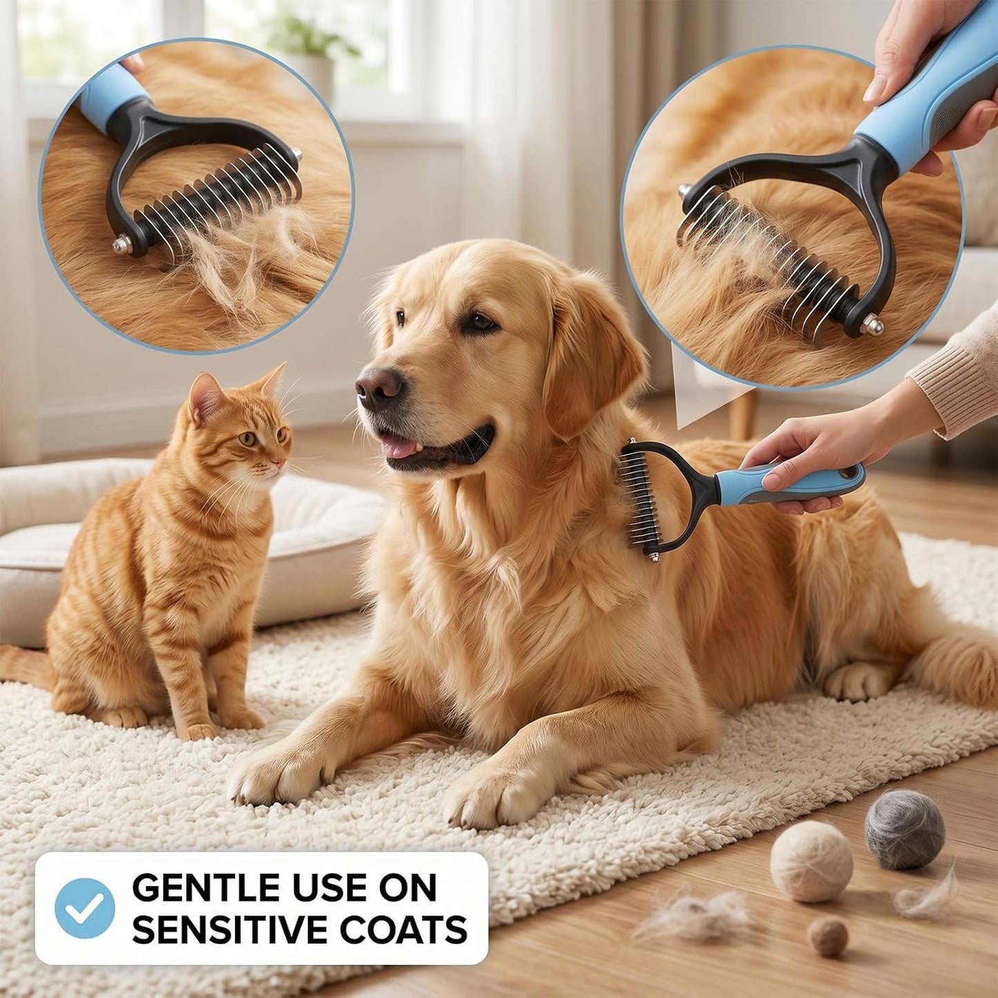 UJEAVETTE pet grooming rake showing the rounded tips of the stainless steel teeth for skin safety