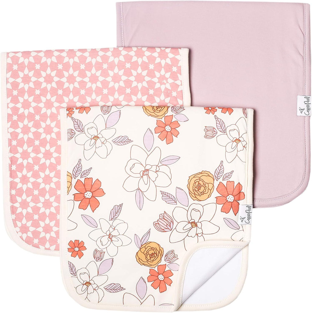 Copper Pearl premium baby burp cloths Ferra print front view
