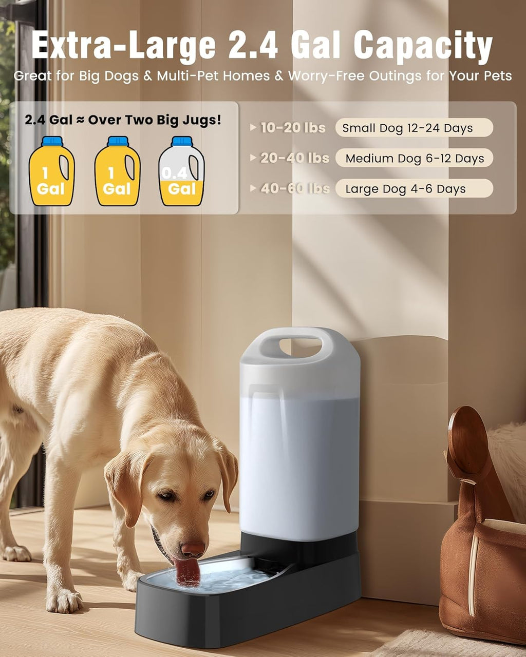 Multi pet water dispenser holding 2.4 Gallons of water ideal for large dogs and cats