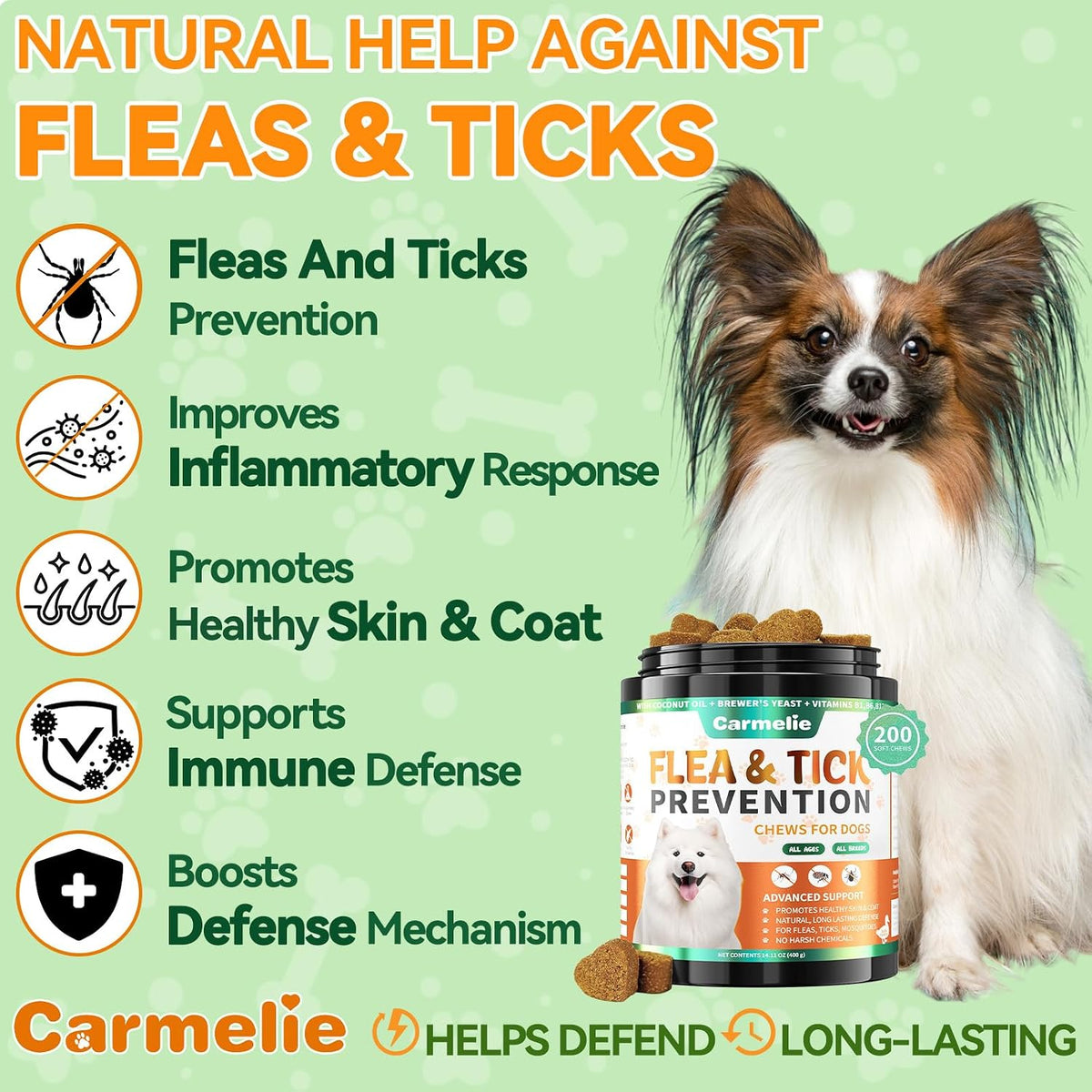 Carmelie oral flea supplement jar displaying the 200 soft chewables count for long-lasting dog health.