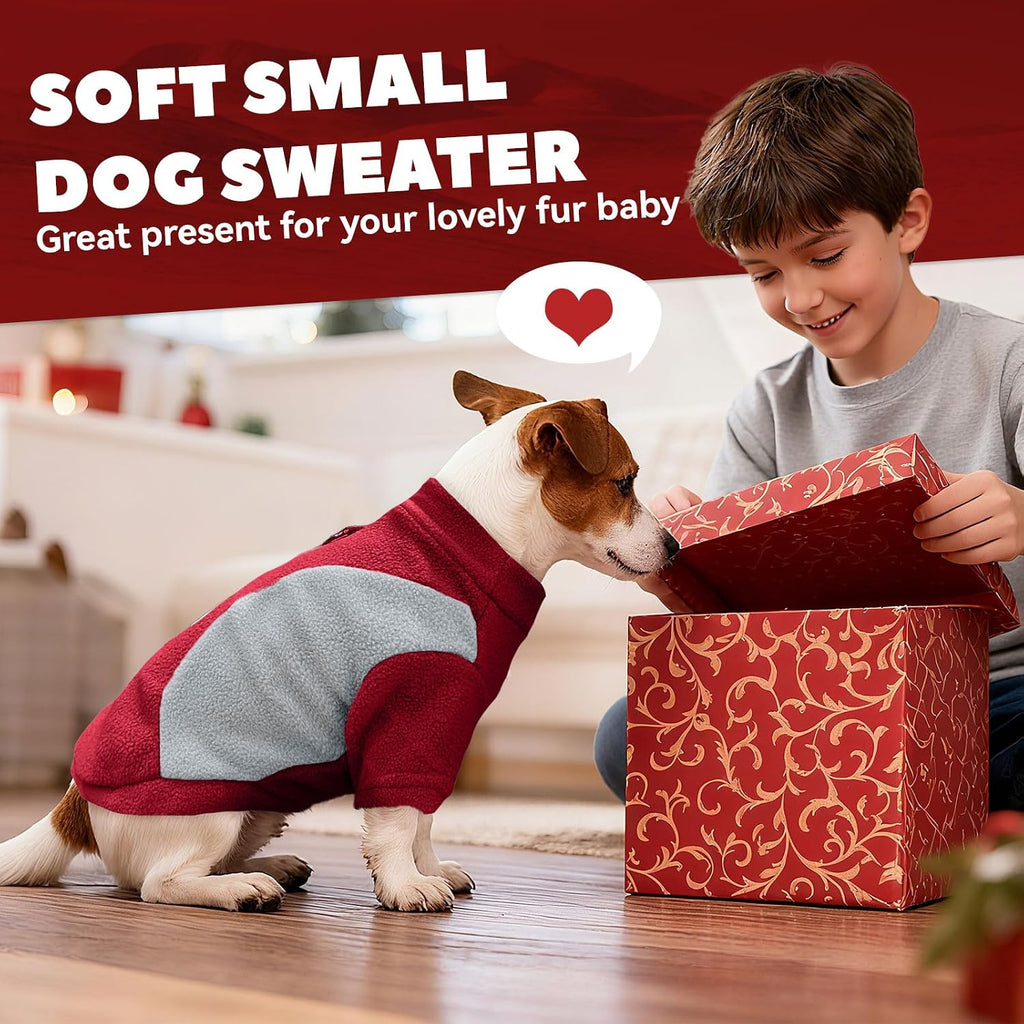 Red and gray small dog pullover sweatshirt showing the integrated leash ring on back