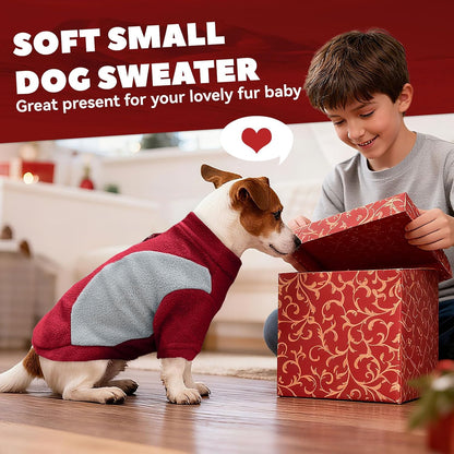 Red and gray small dog pullover sweatshirt showing the integrated leash ring on back