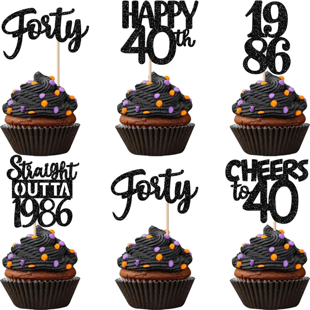 Zhuoweism 40th birthday cupcake toppers black glitter set