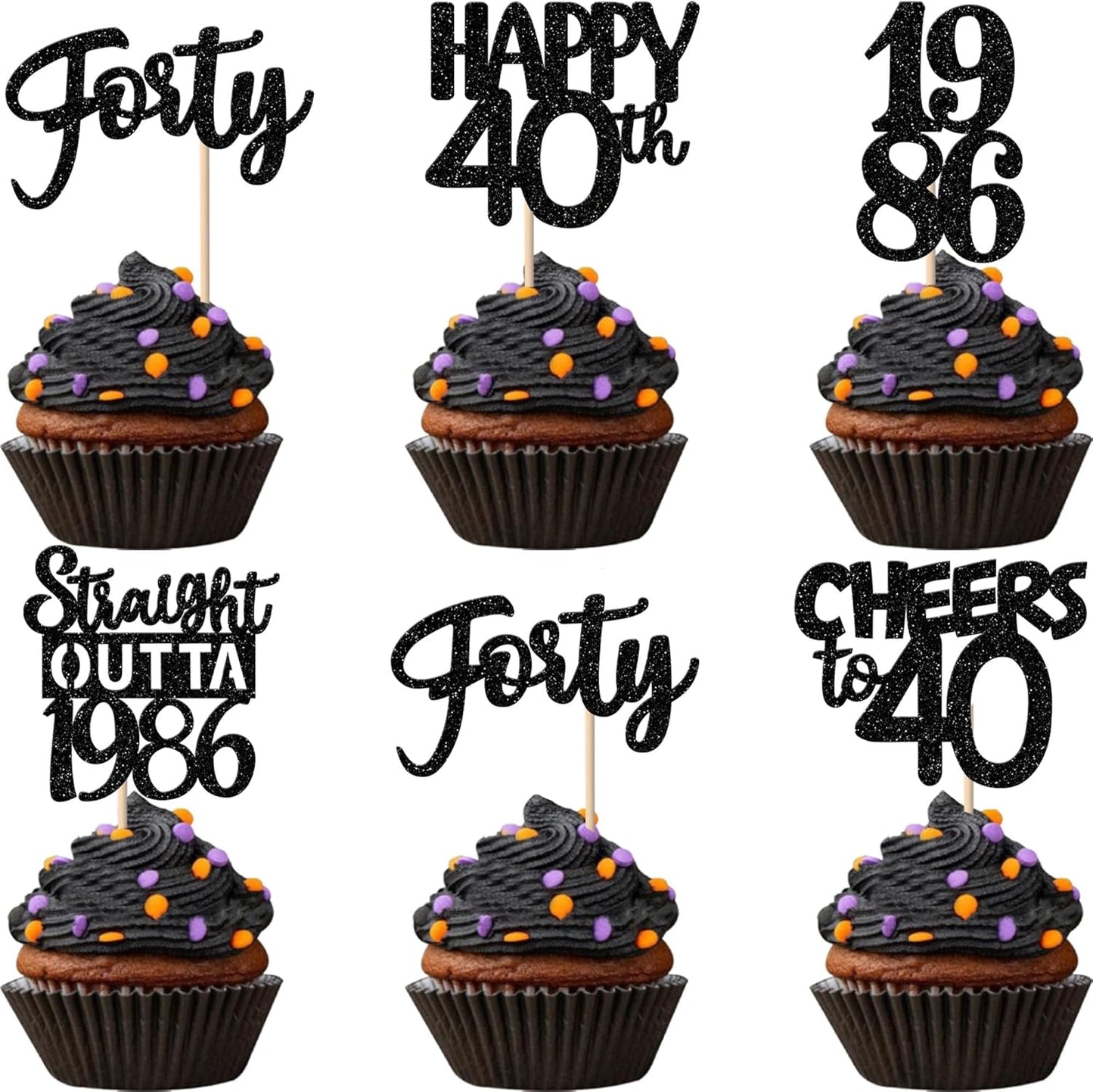 Zhuoweism 40th birthday cupcake toppers black glitter set