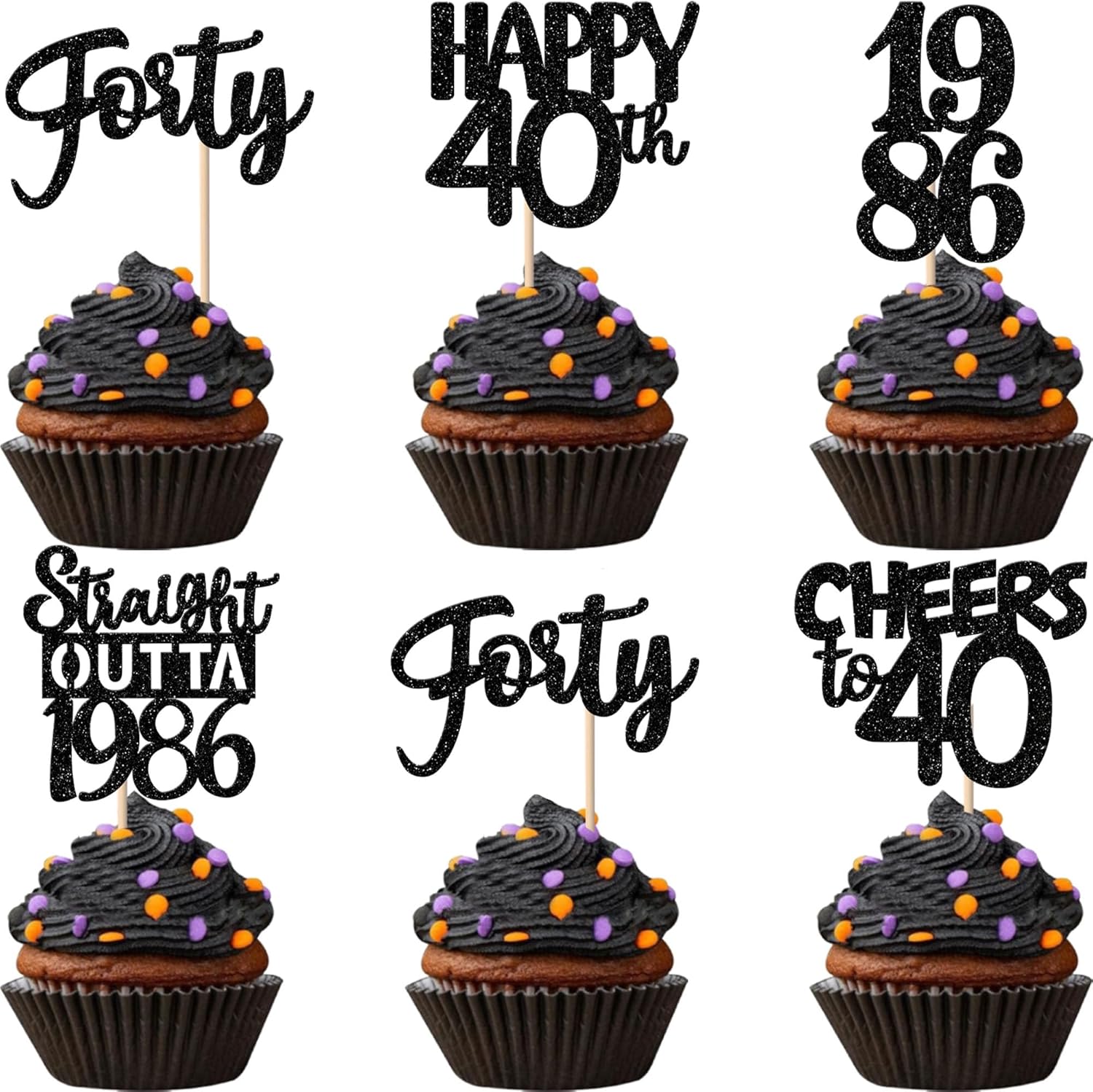 Zhuoweism 40th birthday cupcake toppers black glitter set