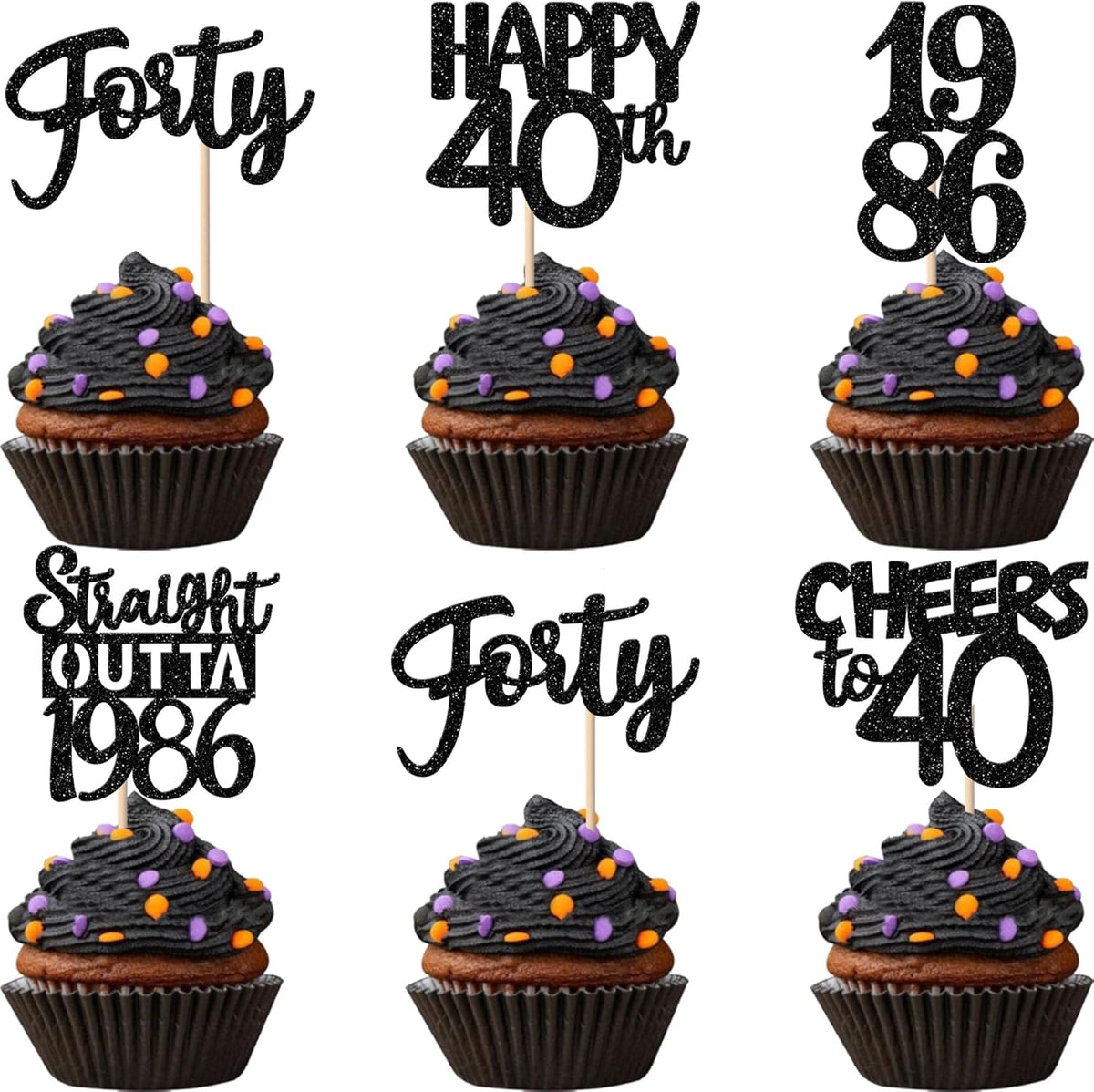 Zhuoweism 40th birthday cupcake toppers black glitter set