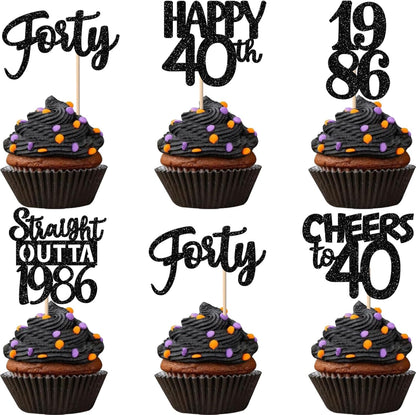 Zhuoweism 40th birthday cupcake toppers black glitter set