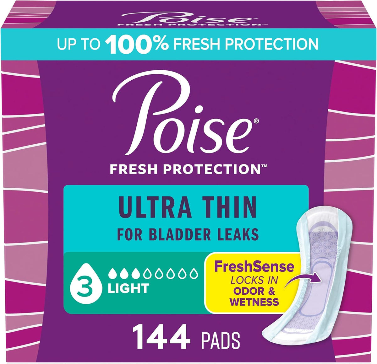 Poise Ultra Thin Incontinence Pads regular length front packaging view for bladder leak protection