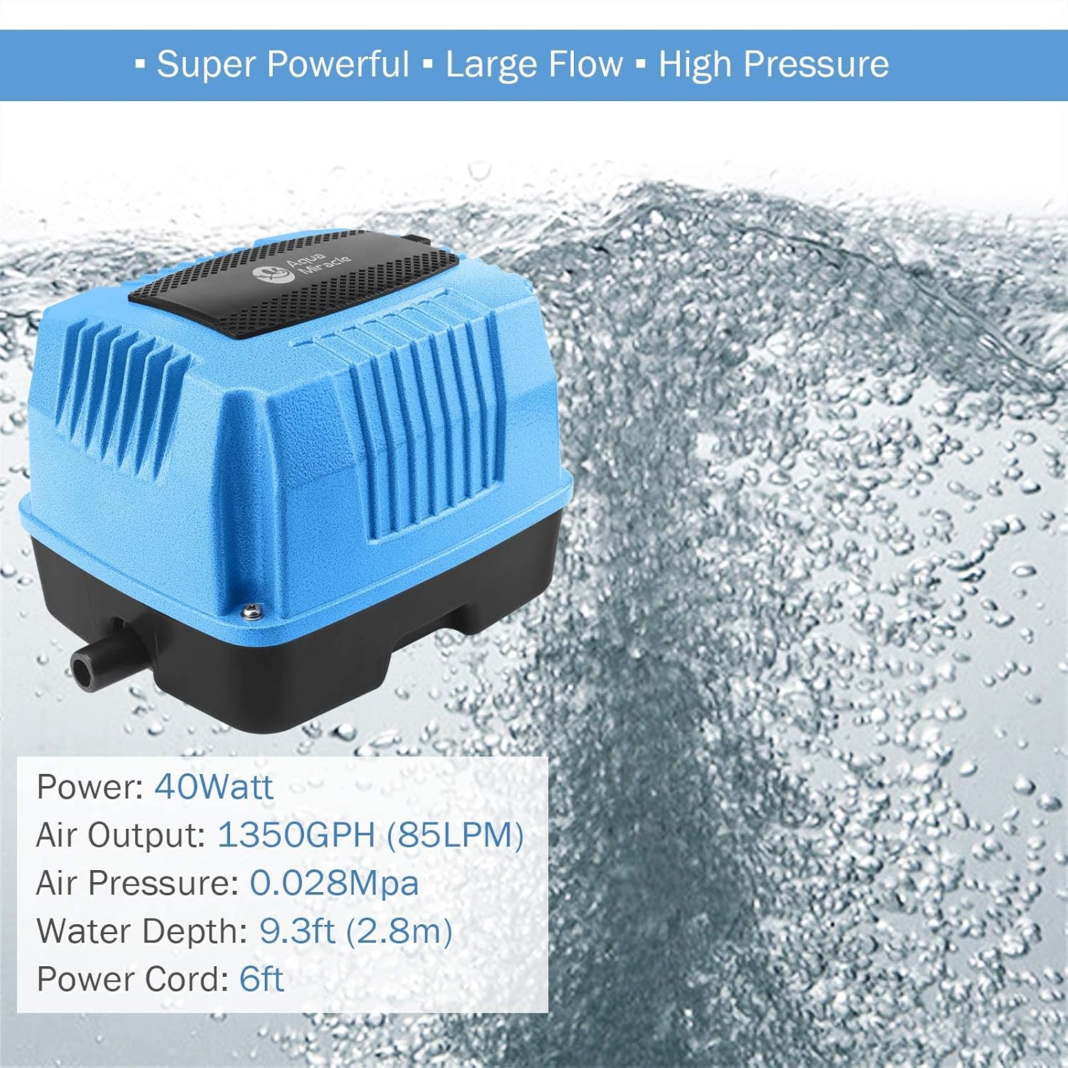 AquaMiracle air pump blue aluminum casing side profile