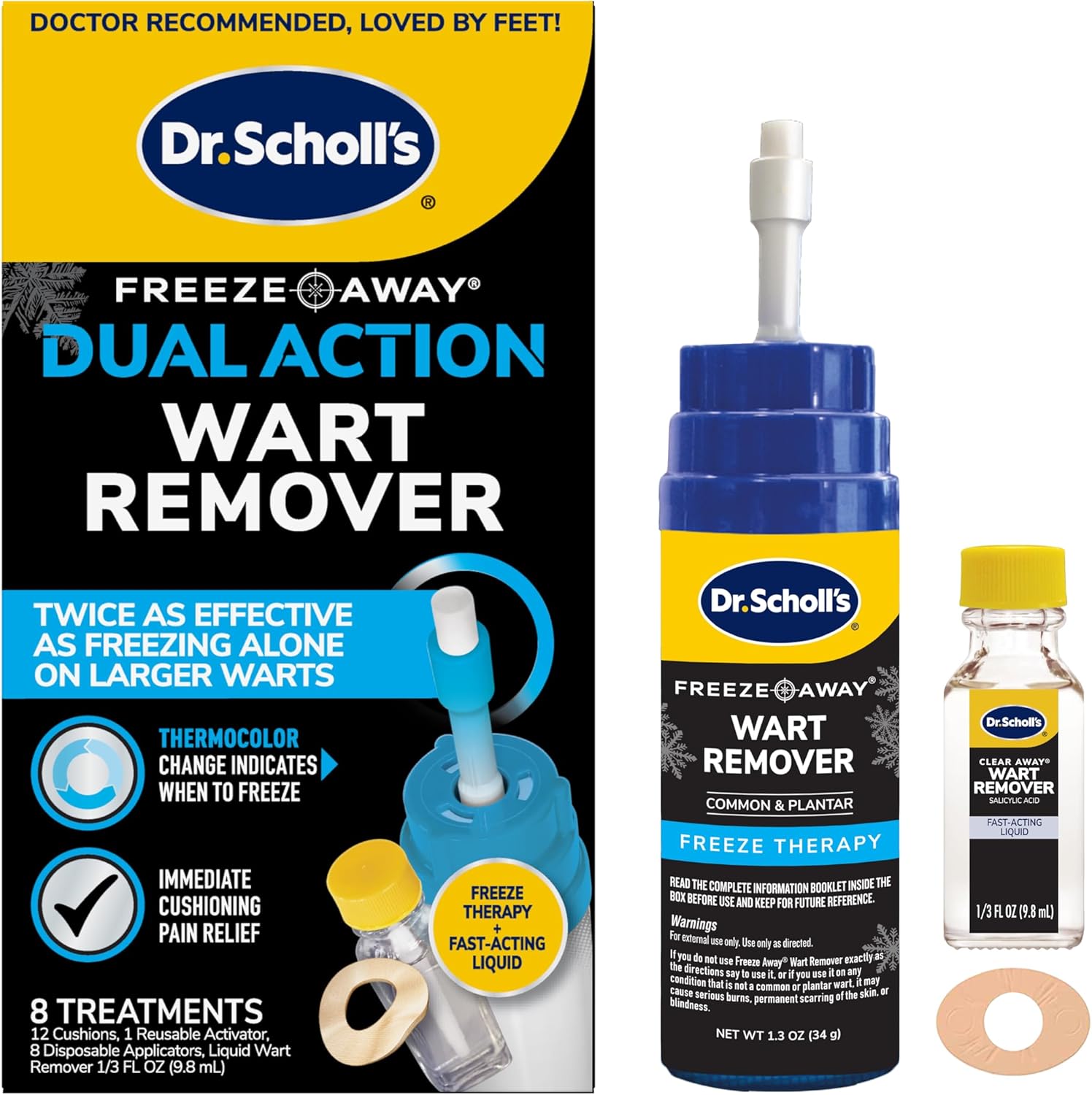 Dr. Scholl's Dual Action Freeze Away Wart Remover front packaging for plantar wart treatment.