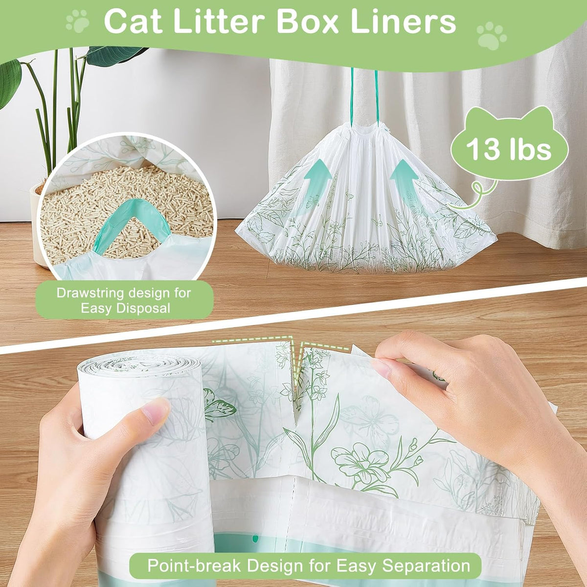Glittme cat litter bags close up view highlighting the convenient integrated drawstring closure.
