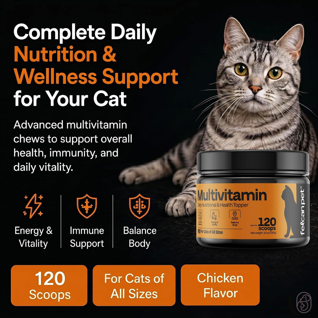 Premium USA imported cat supplement powder being scooped for daily feeding