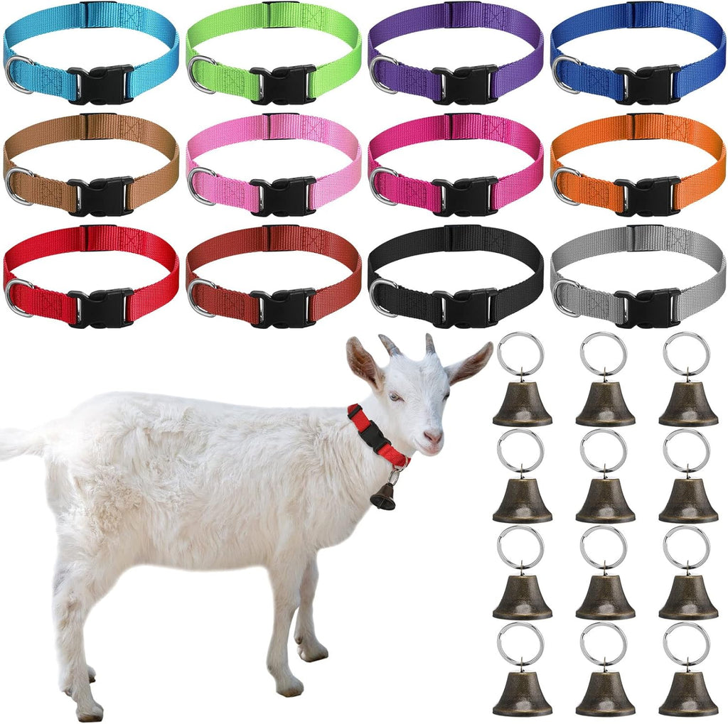 Jexine goat collar front view with vibrant multi-color nylon strap and attached copper grazing bell.