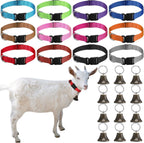 Jexine goat collar front view with vibrant multi-color nylon strap and attached copper grazing bell.