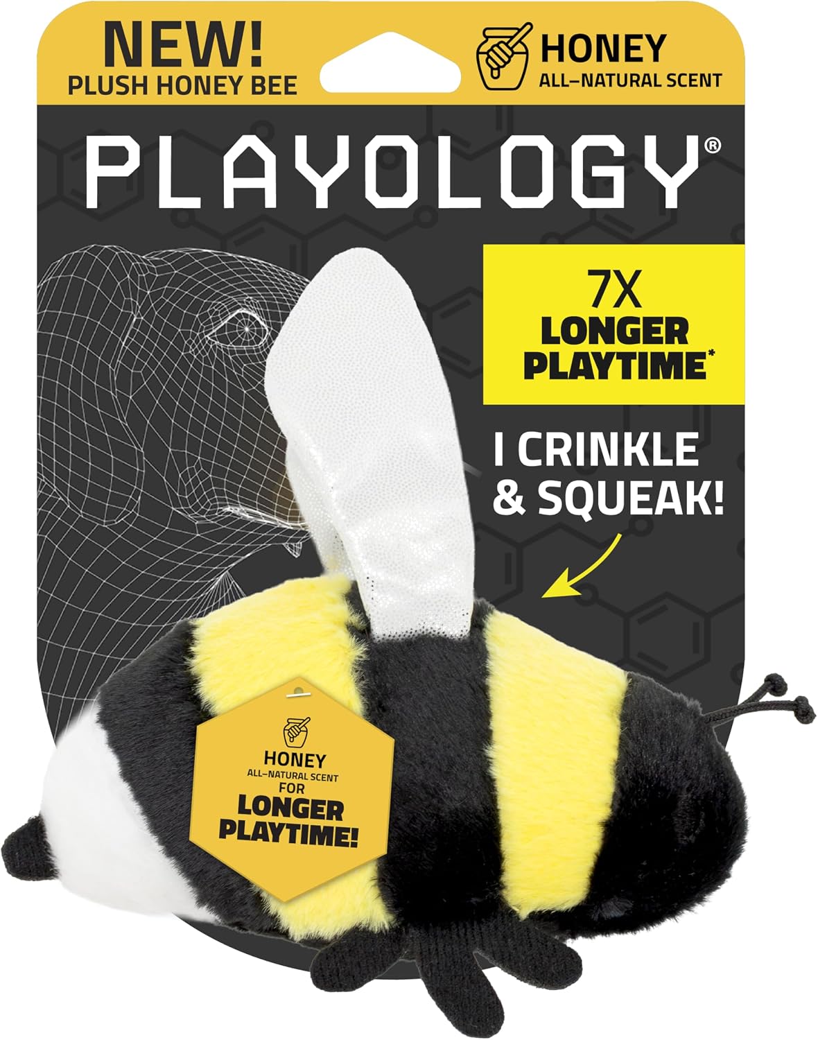 Medium sized dog holding Playology plush hen