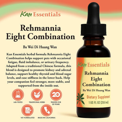 Kan Herbs Rehmannia Eight Combination one fluid ounce bottle packaging details