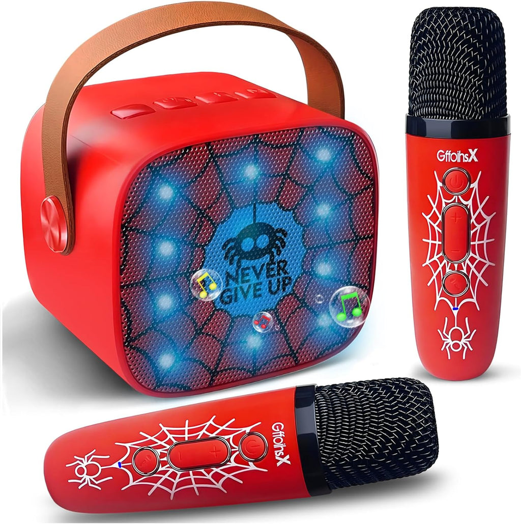 GffoihsX mini karaoke machine for kids front view showing red speaker with two matching wireless microphones