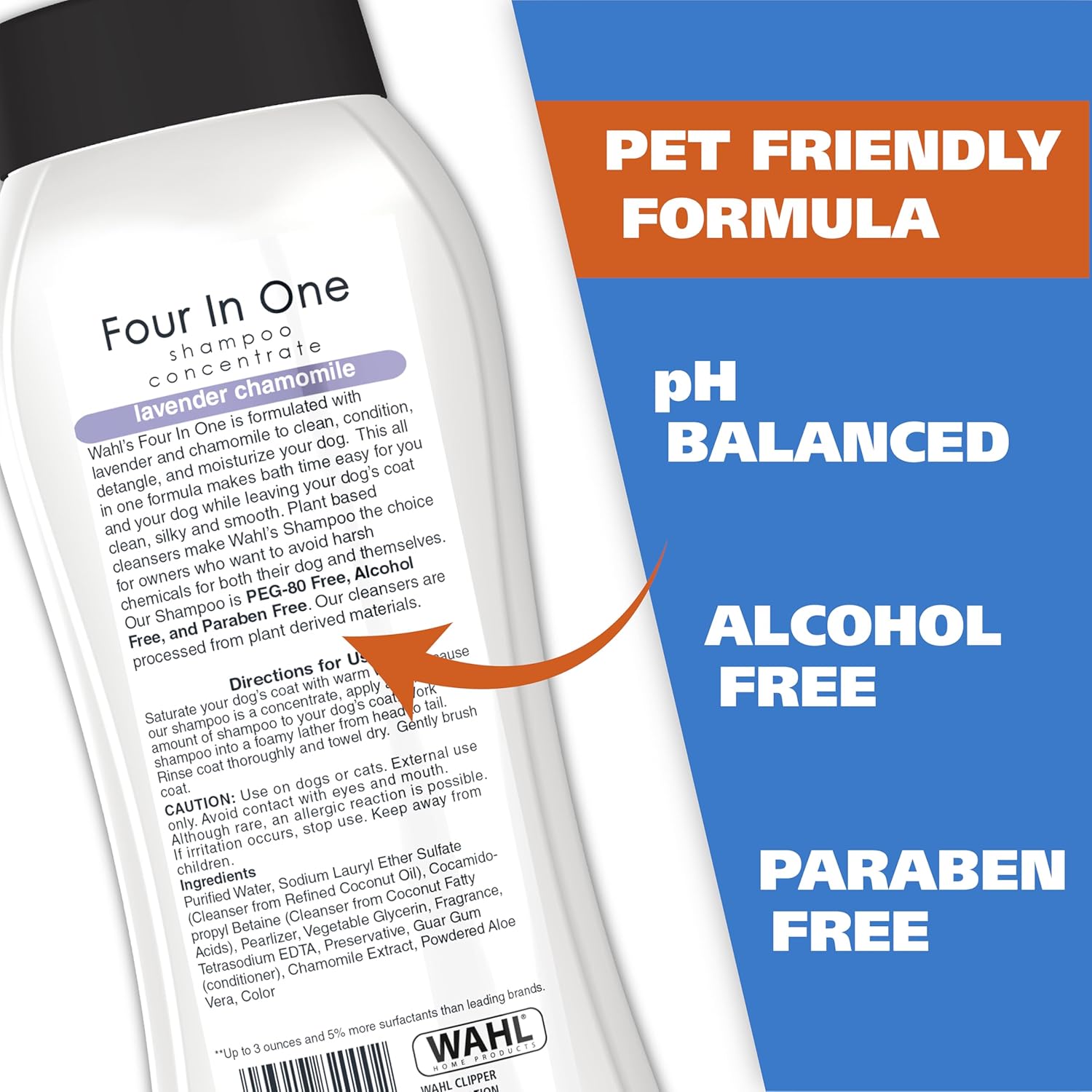 Back label of Wahl 4-in-1 lavender and chamomile dog shampoo