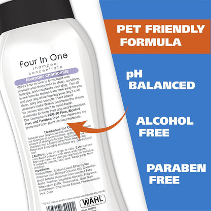 Back label of Wahl 4-in-1 lavender and chamomile dog shampoo