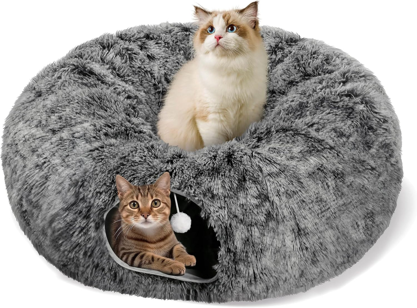 Cat Tunnel Bed for Indoor Cats, Peekaboo Cat Cave with Washable Soft Play Mat, Furry Cat Tube, for Kitten/Puppy/Rabbit, Grey - Image 11