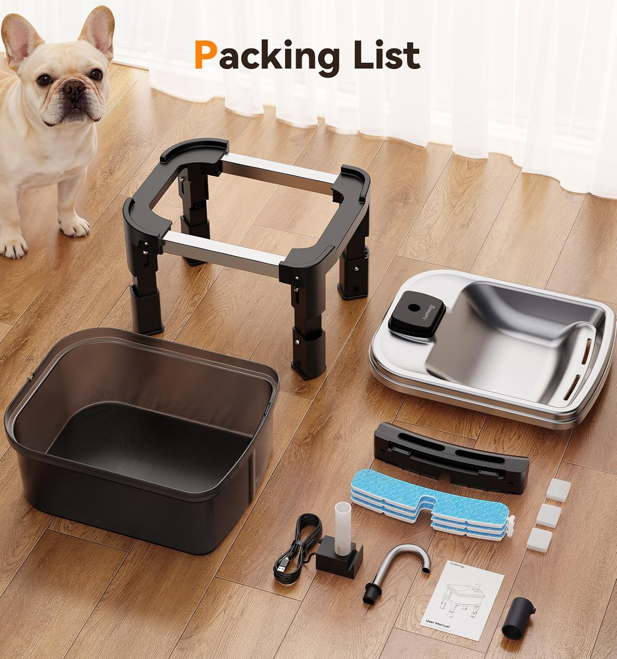 9L/2.38Gal Dog Water Fountain Elevated with 4-Height Adjustable Stand, FeelNeedy Large Pet Water Dispenser with Durable Ultra-Quiet Pump & 304 Stainless Steel Tray, Water Fountain for Dogs Indoor - Image 9