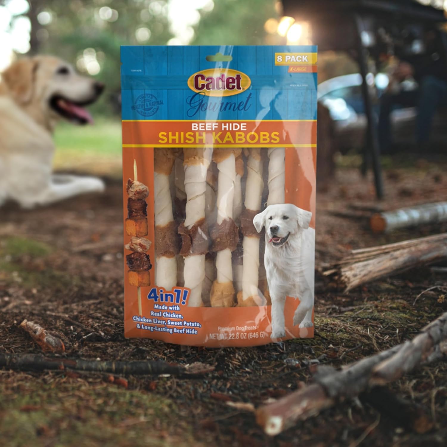 Large breed dog chewing a Cadet shish kabob