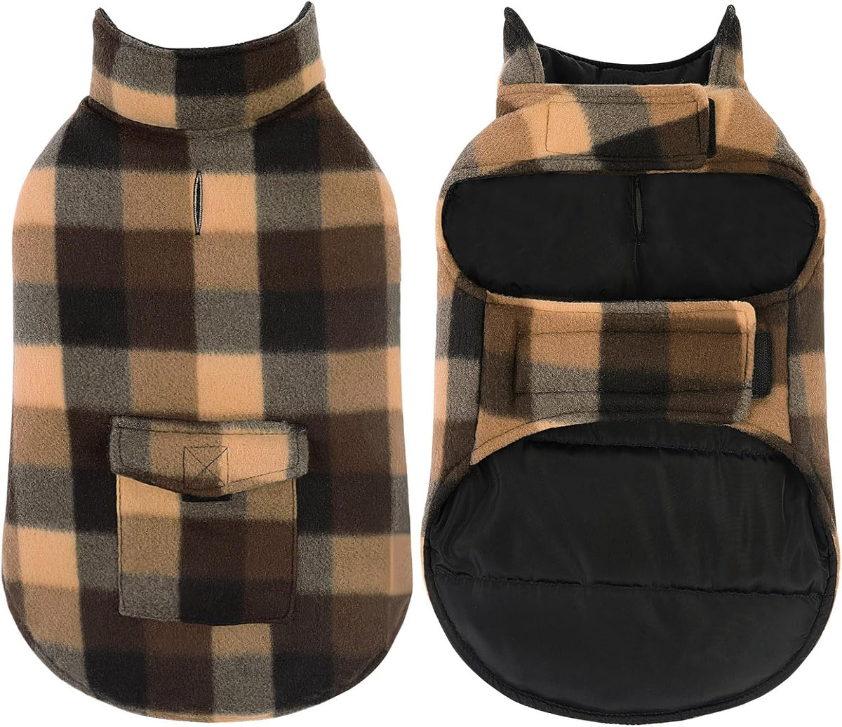 ASENKU winter dog coat flat layout highlighting the waterproof outer fabric and leash hole.