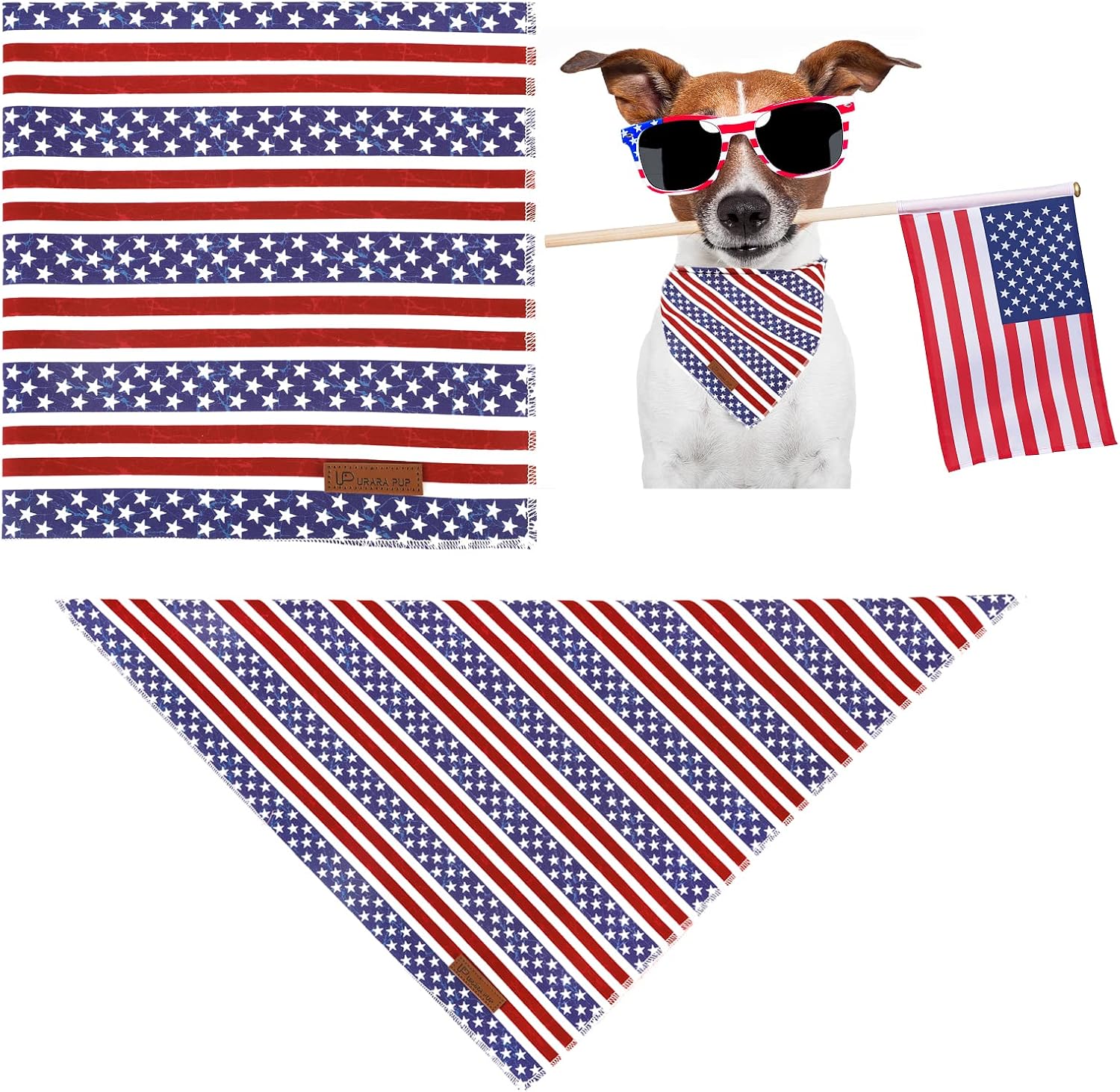 Premium cotton USA flag dog kerchief close up showing the leather brand tag