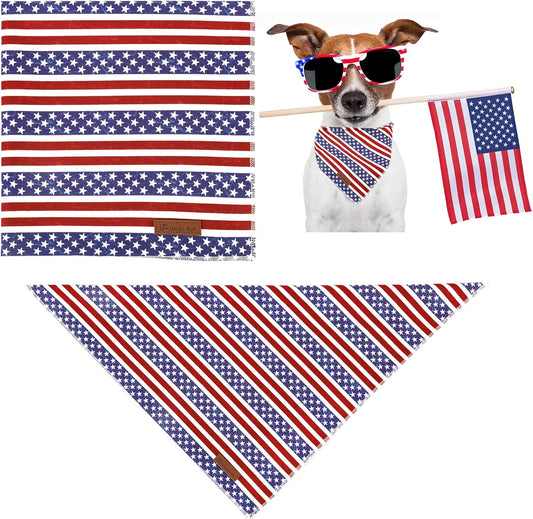 Premium cotton USA flag dog kerchief close up showing the leather brand tag
