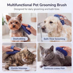 Using the rubber pet shampoo brush to lather soap into a dog's coat during bath time.