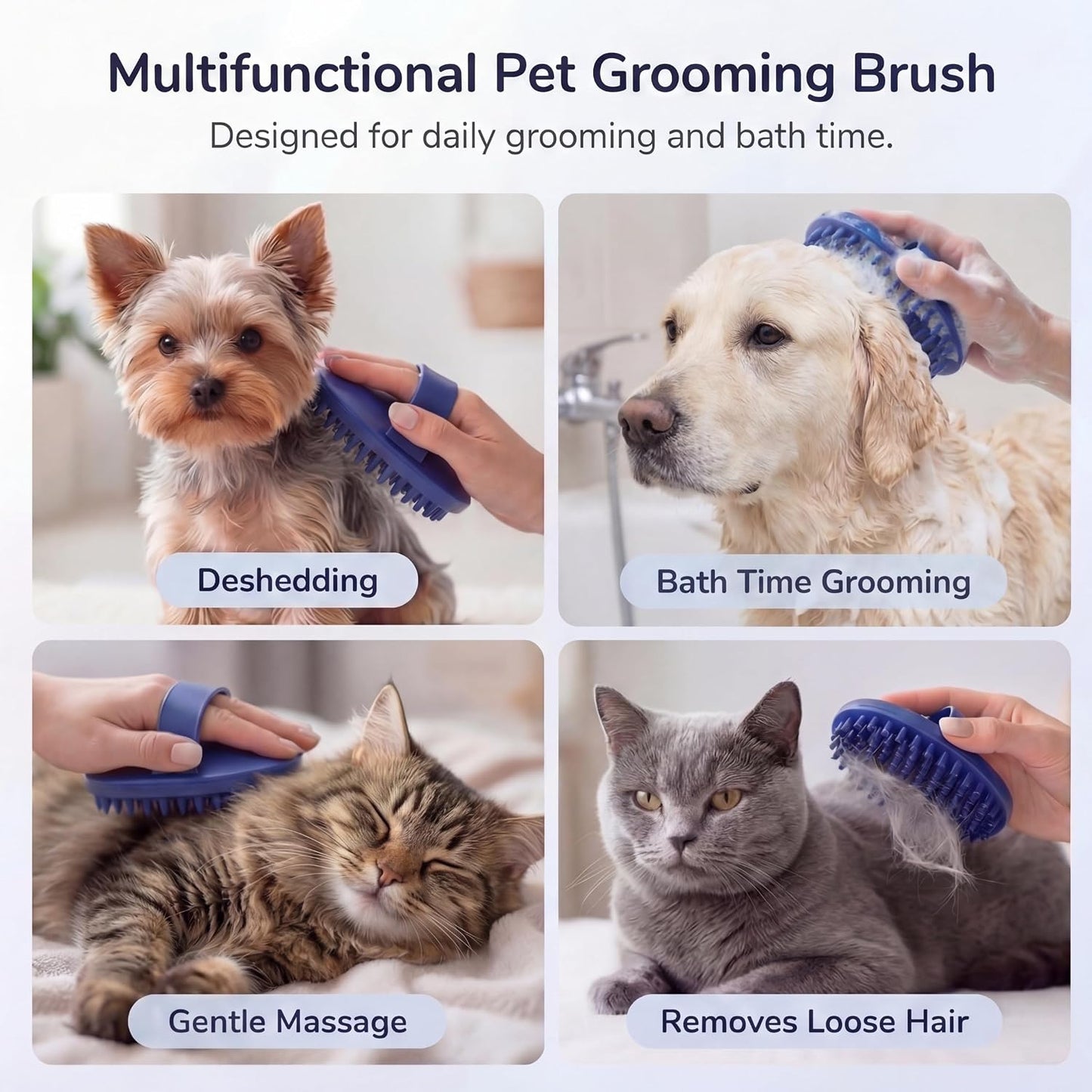 Using the rubber pet shampoo brush to lather soap into a dog's coat during bath time.