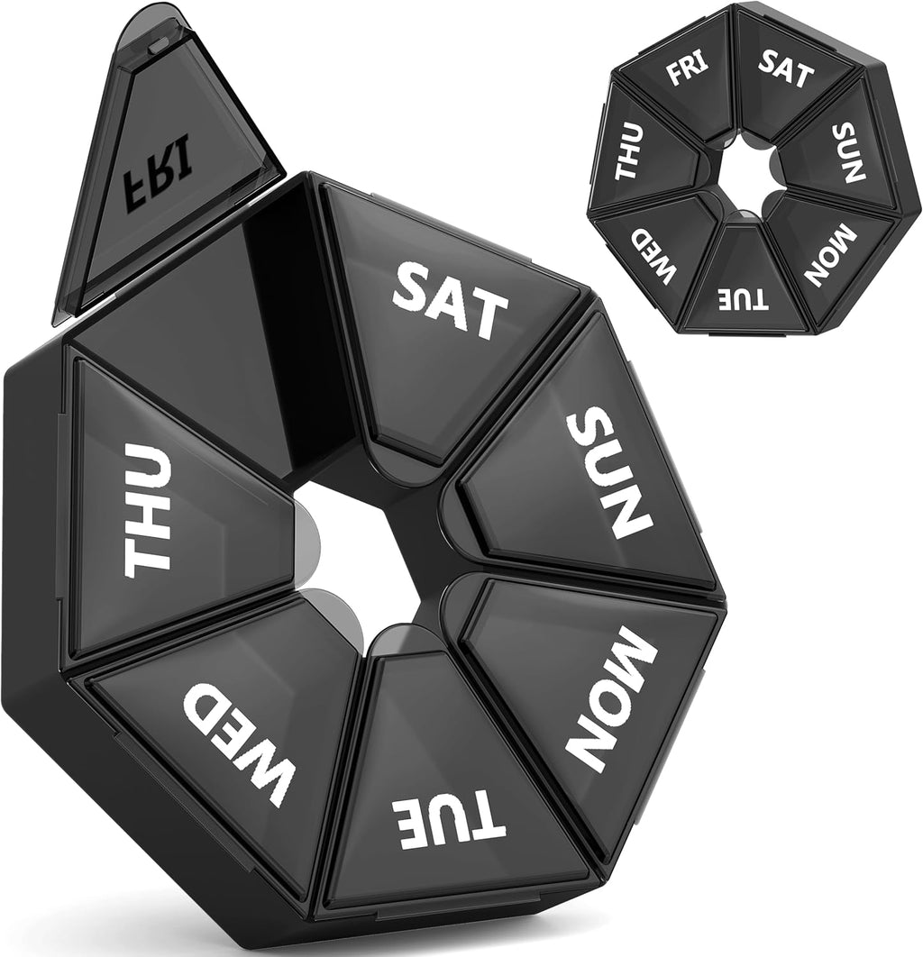 Gelibo weekly pill organizer 2 pack front view showing circular black design