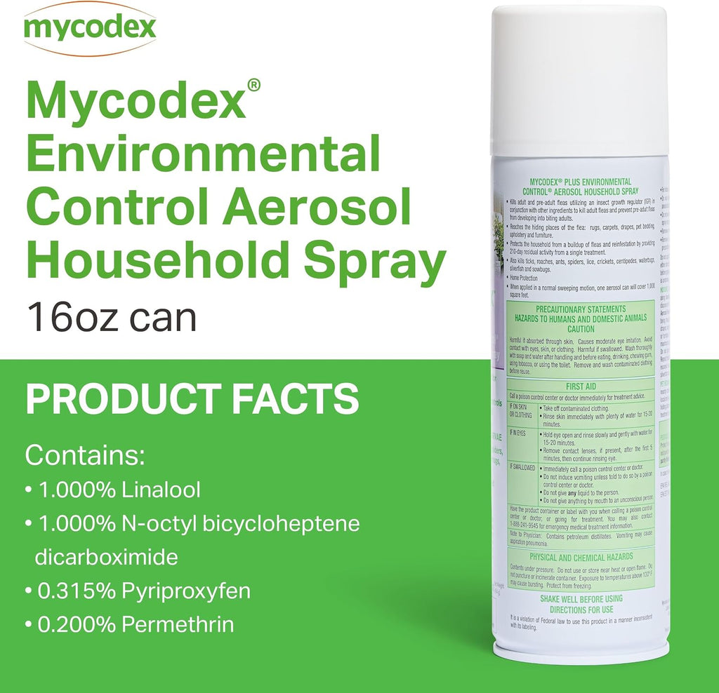Mycodex Plus spray bottle showing botanical flea control benefits