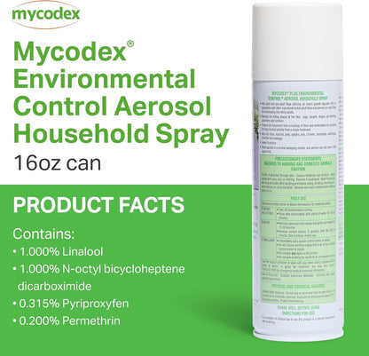 Mycodex Plus spray bottle showing botanical flea control benefits