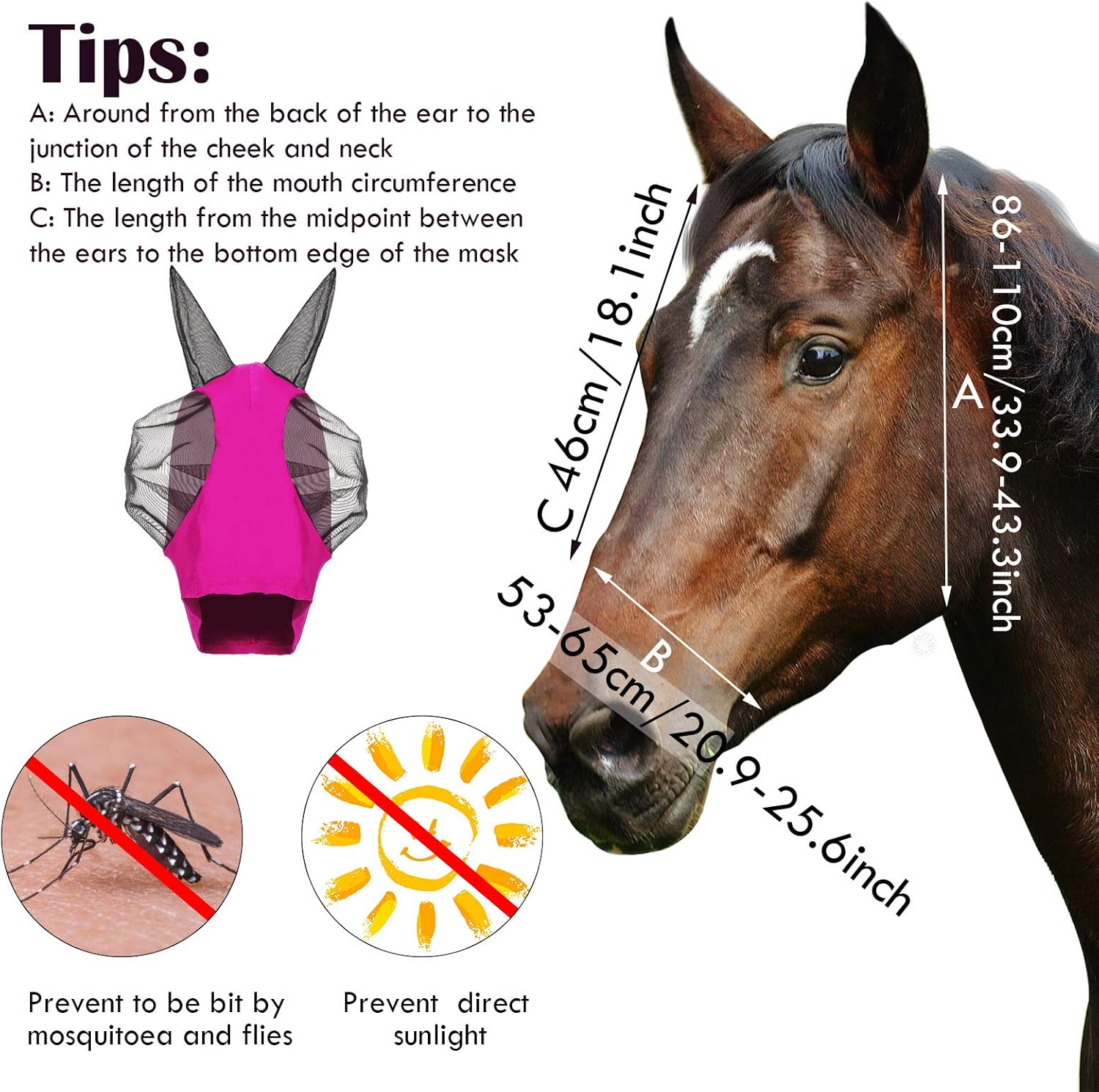 Three horse fly masks in purple blue and pink colors