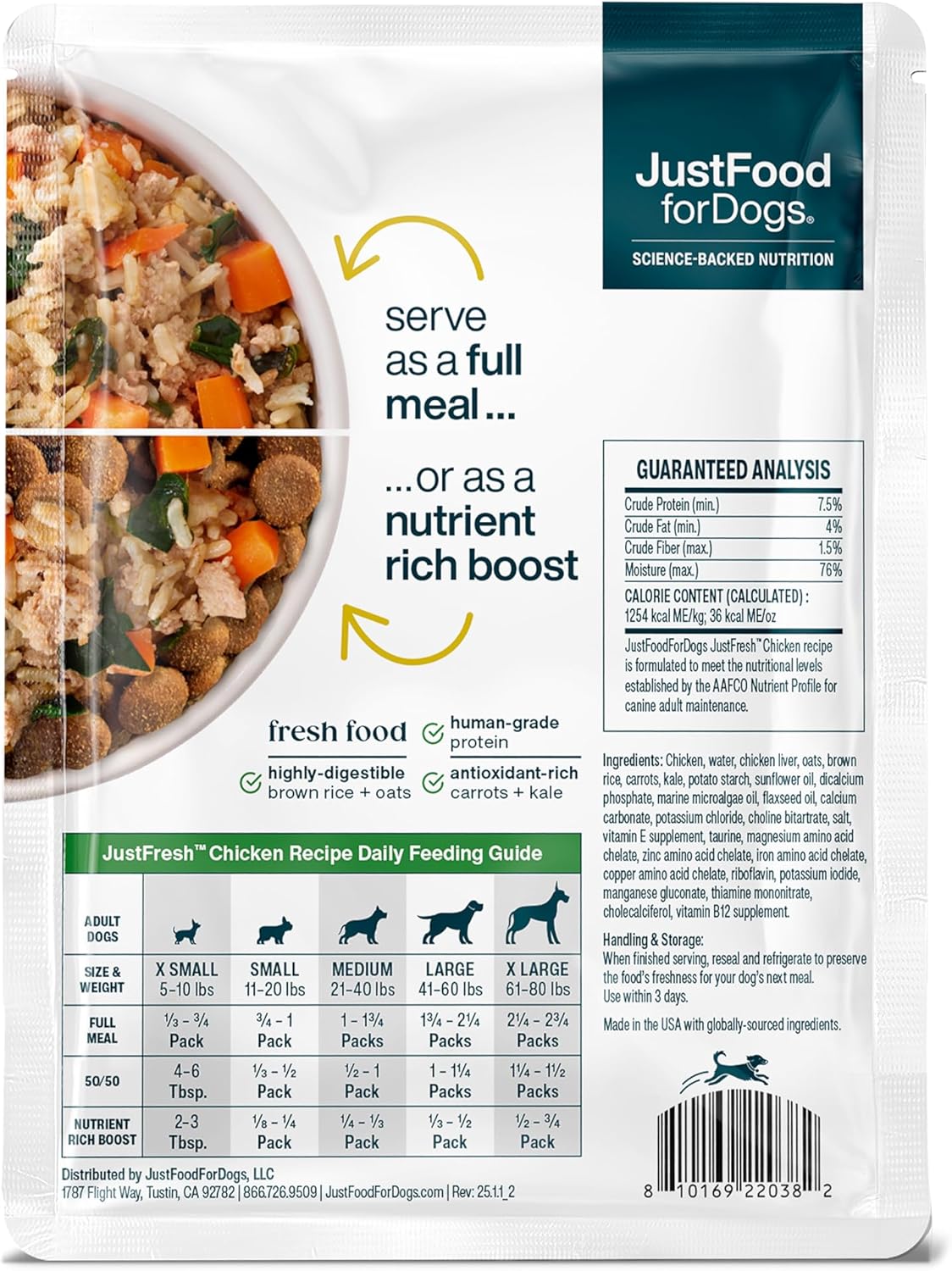 Resealable pouch of JustFoodForDogs human grade dog food